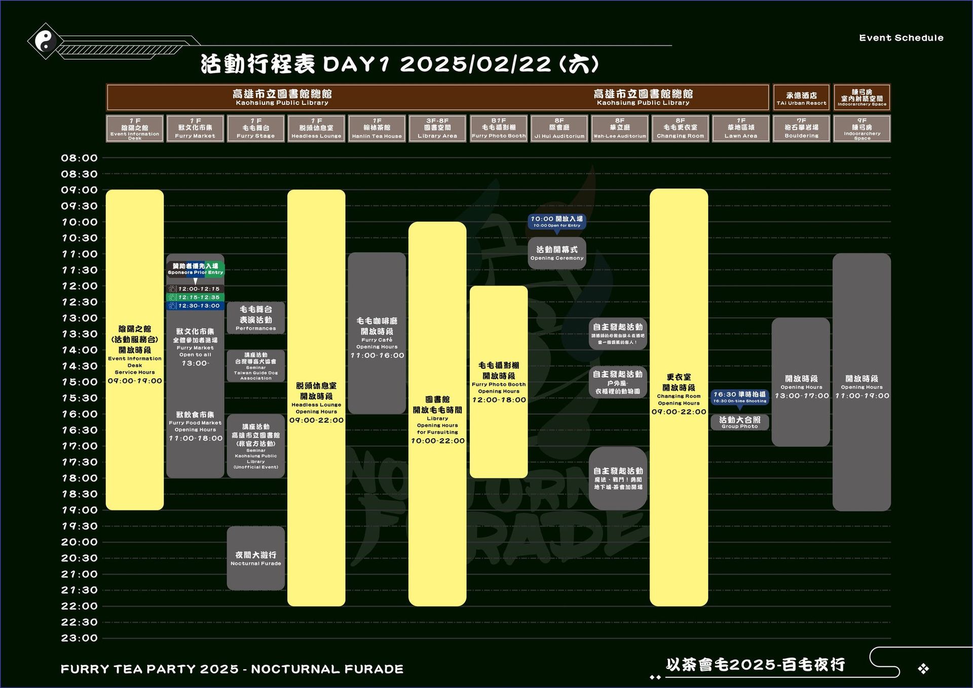 「以茶會毛2025-百毛夜行」DAY1(2月22日)完整活動行程表,詳列高雄市立圖書館總館各樓層場地開放時段,包含市集、舞台表演、講座、攝影棚、自主發起活動及20:00夜間大遊行等安排。
