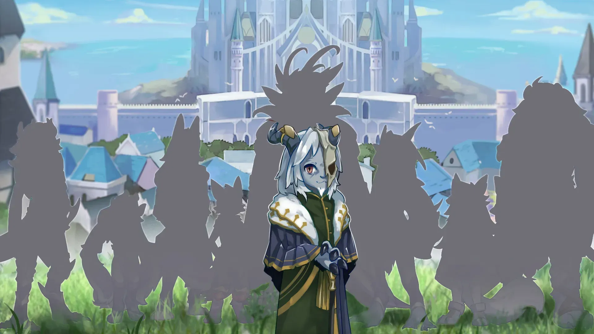"Beastfolk Race" concept art: a white-haired, horned character stands in front of a castle, surrounded by a group of silhouetted furry characters.