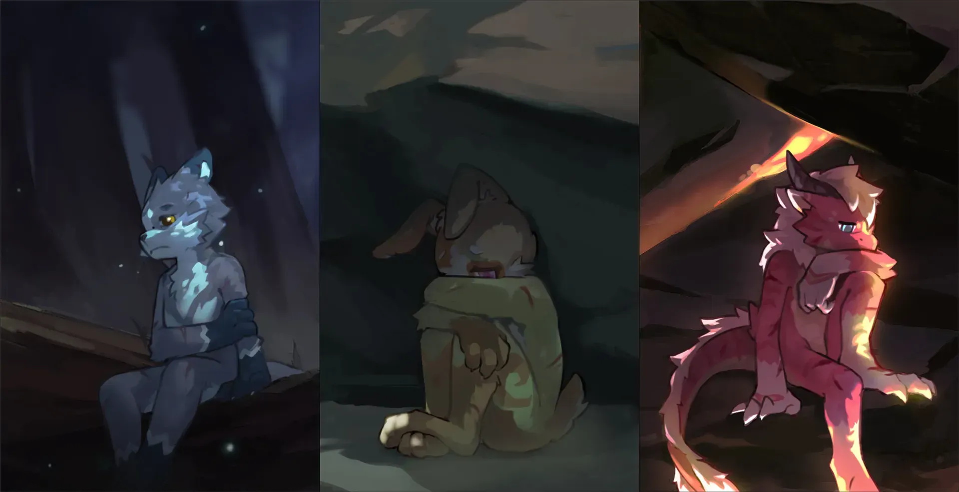 Three character art panels side by side: a blue-gray wolf sitting pensively, a beige dog-like character curled up with its head down, and a red dragon crouching in firelight.