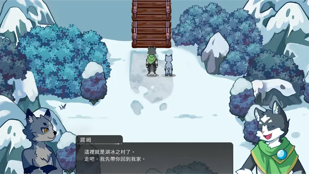 A game dialogue scene: the character "Nom" says, "This is Icelake Village. Come on, I'll take you to my home first." Two characters walk toward a wooden archway, flanked by two furry characters.