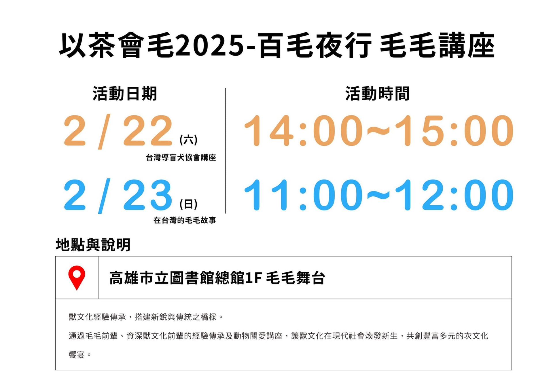 「毛毛講座」活動海報：2/22(六)14:00–15:00邀請台灣導盲犬協會講座，2/23(日)11:00–12:00分享在台灣的毛毛故事，皆於高雄市立圖書館總館1F毛毛舞台舉行，推廣獸文化經驗傳承。
