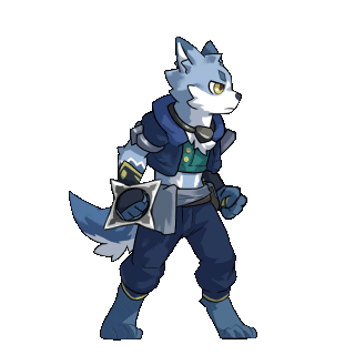 Full-body character art of "Yate," a blue-gray wolf character wearing a dark blue vest and pants.