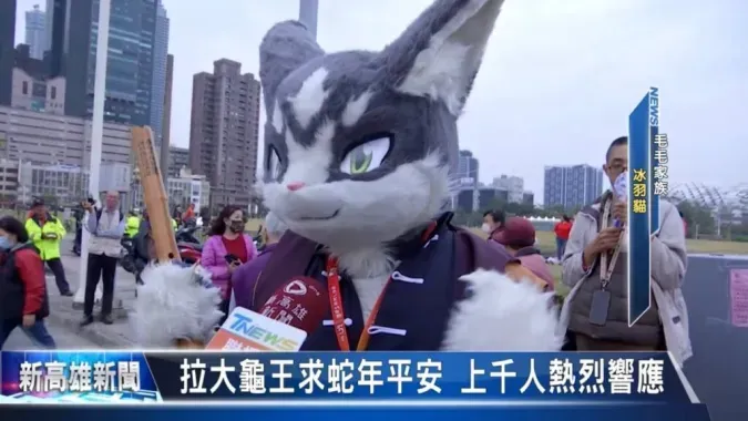A TNEWS still of a reporter interviewing a gray cat fursuiter at dusk, captioned "Pulling the Giant Turtle King to pray for a peaceful Year of the Snake, thousands respond enthusiastically."
