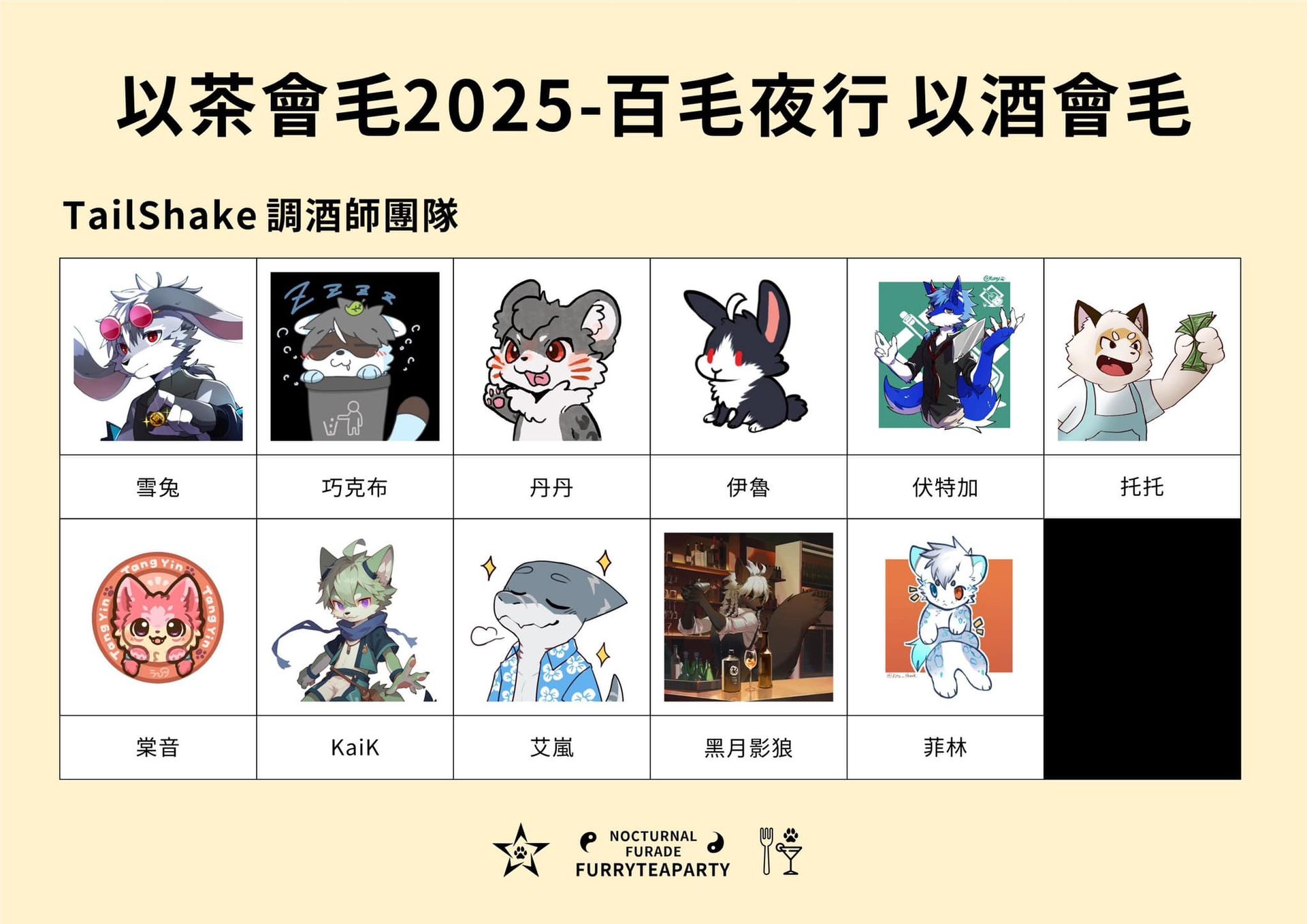 TailShake調酒師團隊頭像列表,共11位成員:雪兔、巧克布、丹丹、伊魯、伏特加、托托、棠音、KaiK、艾嵐、黑月影狼、菲林,將於以酒會毛現場為賓客調製飲品。