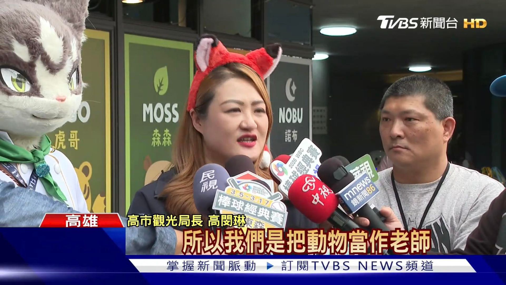 TVBS新聞台採訪畫面，高雄市觀光局長高閔琳接受多家媒體採訪，一旁站著貓虎獸裝「虎哥」，字幕寫著「所以我們是把動物當作老師」