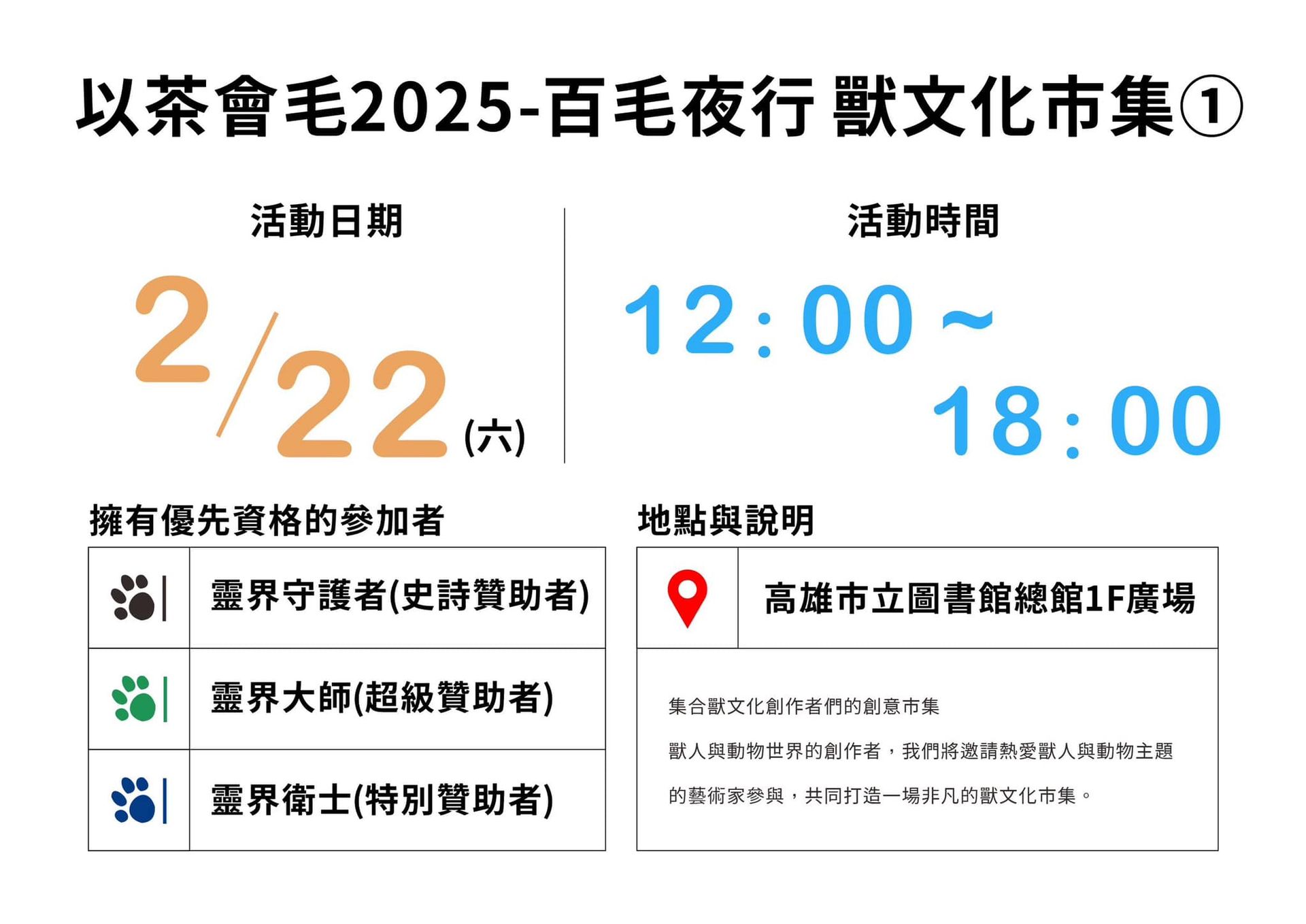 「獸文化市集①」活動海報：2/22(六)12:00–18:00於高雄市立圖書館總館1F廣場舉行，優先開放史詩、超級、特別贊助者入場，集合獸文化與動物主題創作者共同打造市集。