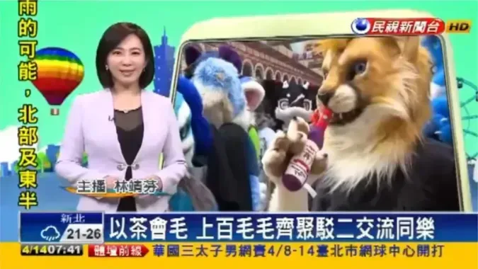 A screenshot from FTV News, with the anchor reporting "Furry Tea Party: Hundreds of Furries Gather at Pier-2," alongside footage of fursuiters posing together.