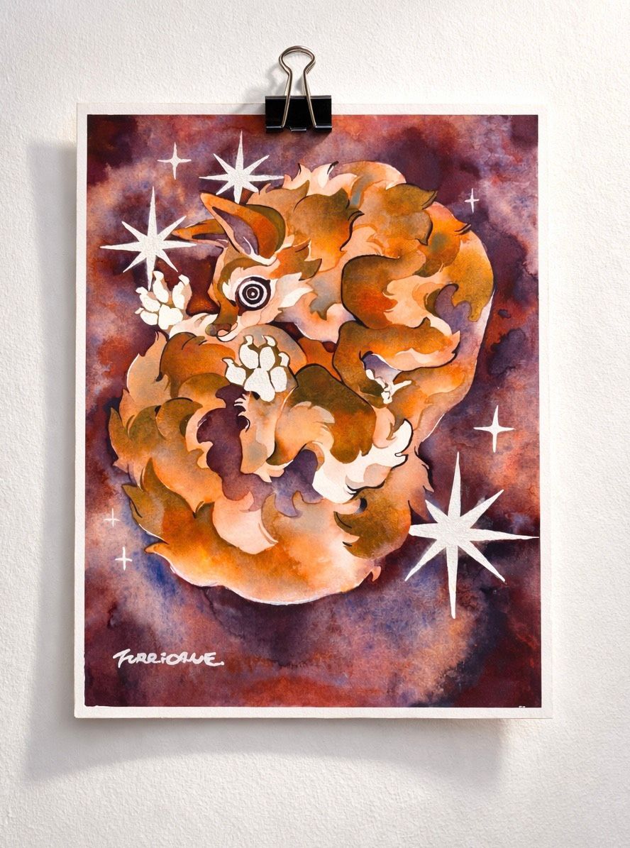 參展原畫:狐狸蜷曲成圓形的水彩畫,周圍點綴星芒圖案,以夾子懸掛展示